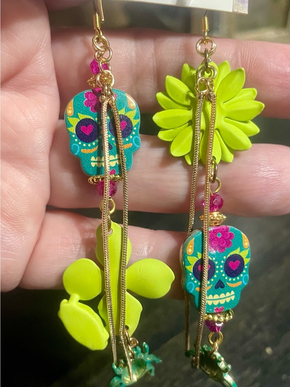 Lime Green and Teal Floral Sugar Skull Beetle Earrings with Crystal Accents - Picture 6 of 6
